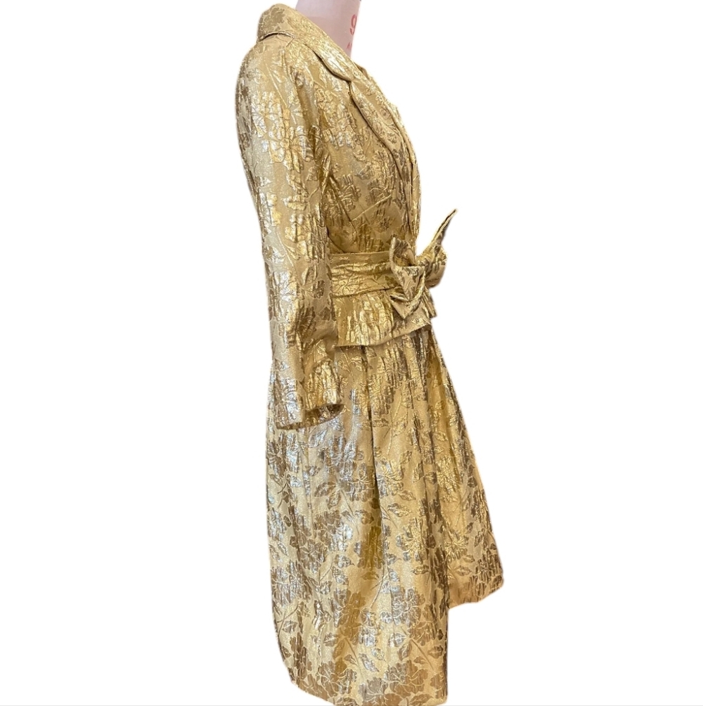 True Vintage 1960s 3-Piece Set, 60s Metallic Gold Lurex Floral Brocade Dress - Picture 4 of 10